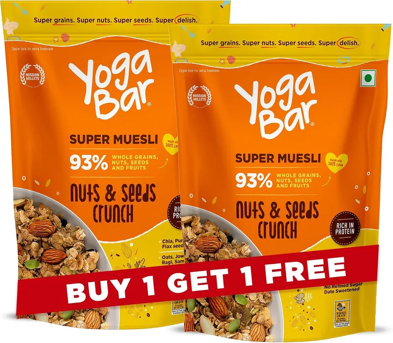 Yogabar Muesli Nuts + Seeds Crunch 700g with Flax and Chia Seeds, Muesli Nuts Delight Whole Grain, High Protein, High Fibre, No Refined Sugar, Contains Antioxidants, 700g Pack of 2