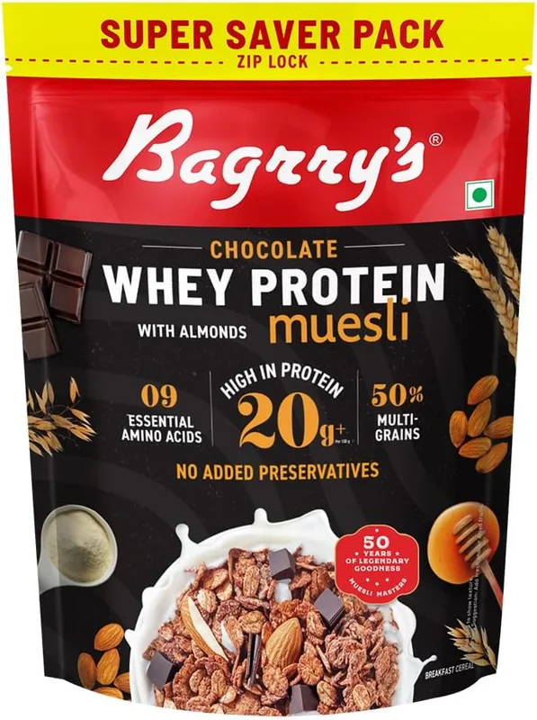 Bagrry's Whey Protein Muesli 750g | 20g+ Protein | Chocolate Flavour | Whole Oats, Whey Protein, Californian Almonds & Bran | Breakfast Cereal | High Protein & Fibre | Premium American Whey Muesli