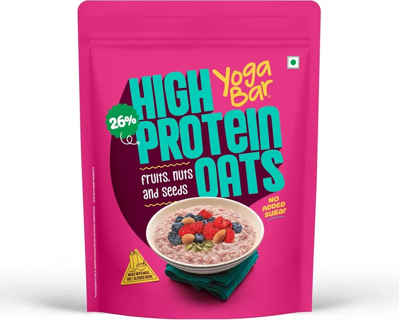 Yogabar 26g High Protein Oats 1kg , Fruits Nuts & Seeds - Breakfast Cereal with Wholegrains, 26% Protein & No added sugar - Oats High Protein for Gym - Premium Protein Blend with Whey Protein Powder - with Goodness of Chia, Sunflower & Pumpkin Seeds & Probiotics for Absorption