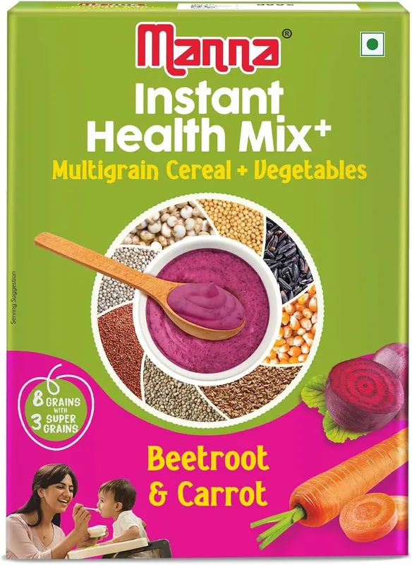 Manna Health Mix Instant Multigrain Cereal, Beetroot & Carrot with Milk.Made with Real Vegetables and 8 super grains and millets. No Added Sugar, No Artificial Color, Flavors 200g