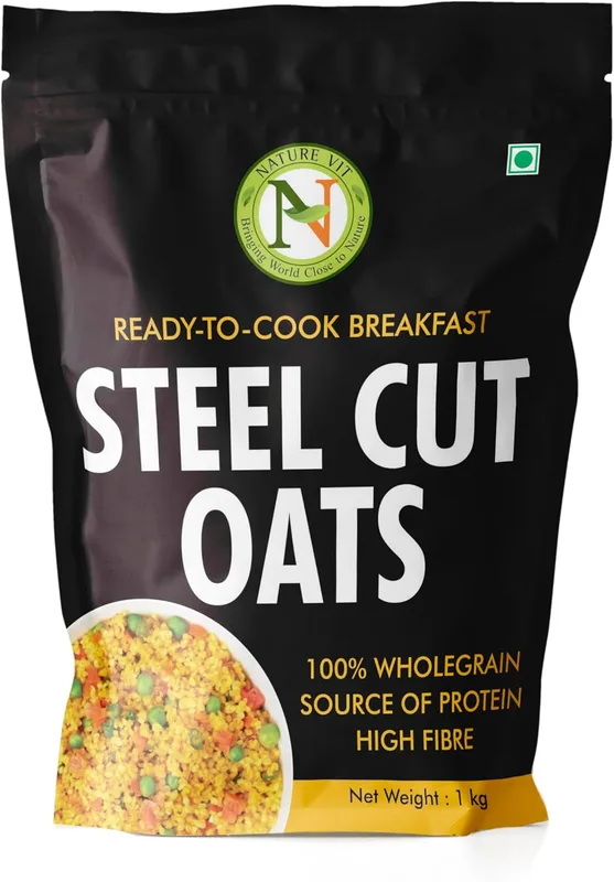 NatureVit Steel Cut Oats 1 Kg | Gluten-Free Whole Grain | High-Fiber Breakfast Cereal | Ideal for Weight Loss & Heart Health | Slow-Cooked Diet Food