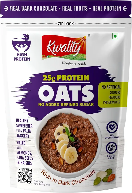 Kwality 25g High Protein Oats 400g | Multigrain Rolled Oats with Whey & Soy Protein | No Refined Sugar | With Almonds, Raisins, Pumpkin & Chia Seeds | High Fiber | Gluten Free | Quick Breakfast for Weight Loss & Fitness