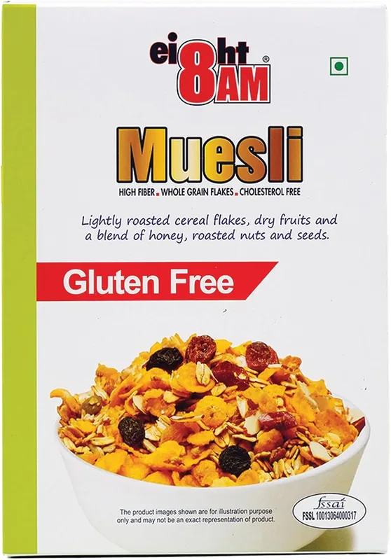 8AM Muesli Gluten Free, Wholegrain Breakfast Cereal Flakes, Dry Fruits, Flax, Chia, Pumkin Seeds and a Blend of Honey, Roasted Nuts and Seeds, 425g | Protein & Fiber Rich, Cholesterol Free