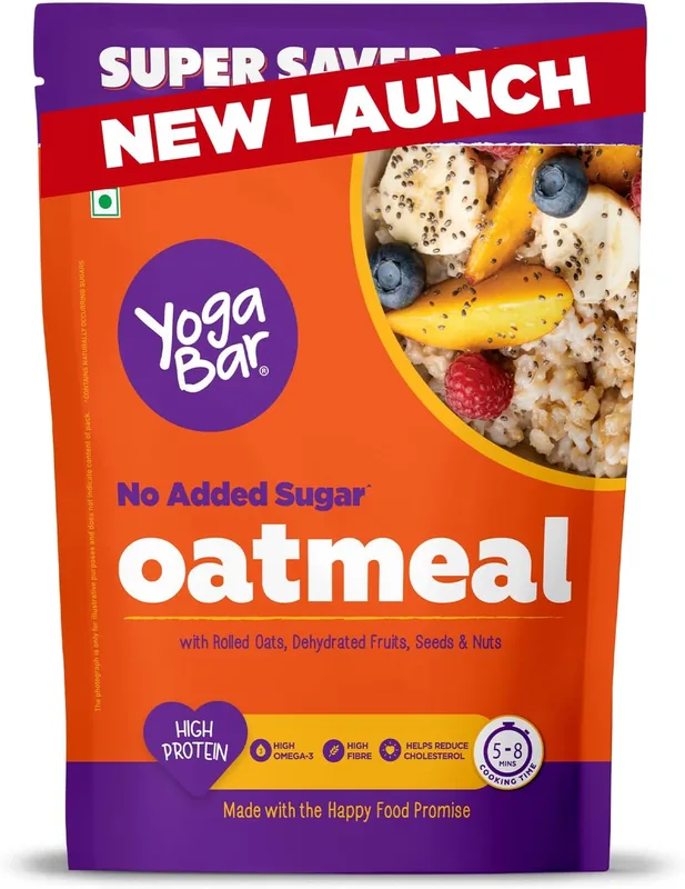 Yogabar No Added Sugar Oatmeal 1kg Pouch - with Alphonso Mango, Chia Seeds and Real Fruits & Berries - Whole Breakfast Oatmeal Cereal - Overnight Oats - with Rolled Oats