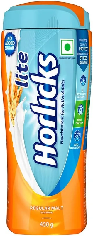 Horlicks Lite 450g, Energy for Active Adults | High Protein, No Added Sugar, 24 Vital Nutrients | Malt Flavour
