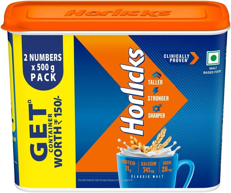Horlicks Nutrition Drink Container - 1 Kg - Classic Malt - Clinically Proven to make kids Taller, Stronger, Sharper