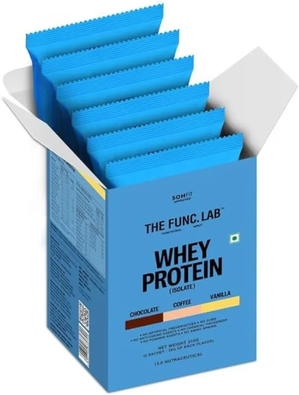 The Func. Lab Whey Protein Isolate - Assorted Flavour Travel Packs | 6 Sachets (35g each) | Grass‑Fed, 29-30g Protein per Scoop | High Protein Supplement with Digestive Enzymes for better Absorption