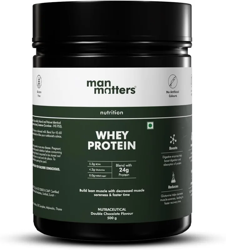 Man Matters Whey Protein Powder | 24g Protein Per Serving | Muscle Growth & Recovery | 100% Vegetarian | No Added Sugar | No Bloating | Double Chocolate Flavour | 500gm