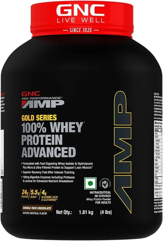 GNC AMP Gold Series Whey Protein Advanced | 4 lbs | Lean Muscle Gains | Intense Workout | Informed Choice Certified | 24g Protein | 5.5g BCAA | 4g Glutamine | Double Rich Chocolate| Formulated In USA