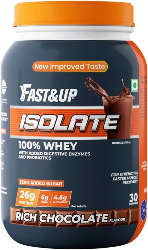 Fast&Up 100% Pure European Whey Protein Isolate, Ultralow Carbs | 30 Servings | 26g Protein per serve | Low Lactose & Gluten Free | Fast Acting, No Bloating - Rich Chocolate Flavour