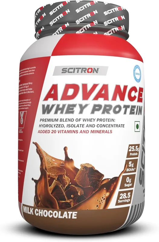 Scitron Advance Whey Protein (28.5 Servings, 25.5g Protein, 6g BCAAs, 0g Sugar, 20 Vitamins & Minerals) 1kg (Milk Chocolate)