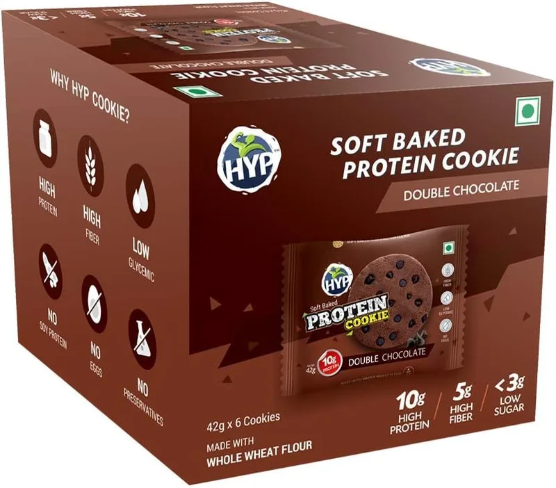 HYP - Protein Cookies, Double Chocolate (6x42g) | 10g Protein per Cookie | Made With Whole Wheat Flour | High Protein, High Fiber, Low Sugar | Protein Snack
