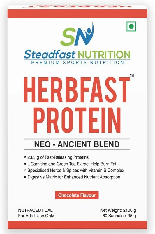 Steadfast Nutrition HerbFast Protein Fast-Release Whey Proteins for lean Muscle Growth With Ashwaganda Curcumin Cinnamon (Chocolate 60 Sachets, 2100g)