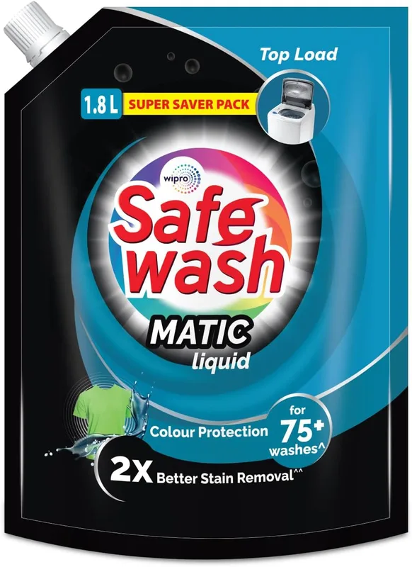 Safewash Top Load Matic Premium Liquid Detergent 1.8 L Refill Pouch with Colour-Protect Technology | 2x Stain Removal | For All Types of Fabrics