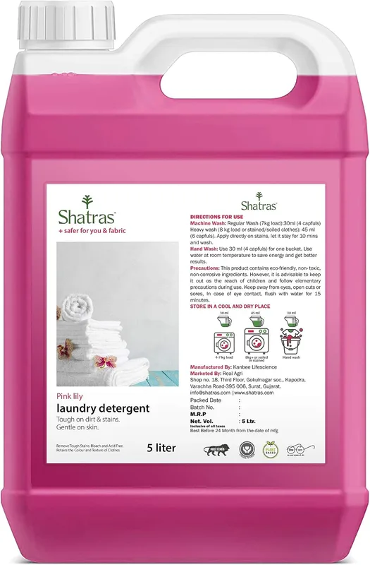 Shatras Liquid Detergent, suitable for all type of washing machine, Nature based, no harmful chemicals, baby safe, Cloth freshener with fabric conditioner Pink detergent(5L)