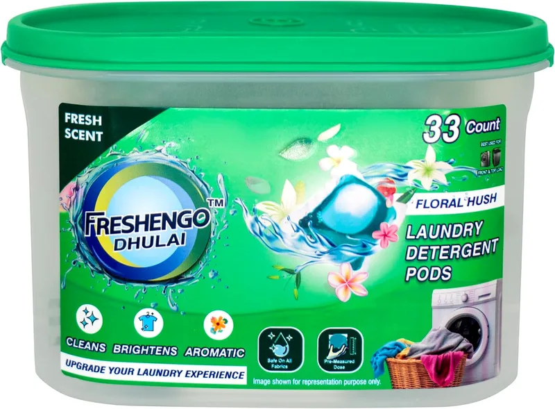 FRESHENGO Dhulai 3 Benefits in 1 Chamber Laundry Pods 33 Units of Dissolvable Detergent Capsules with Enzymatic Wash for Stain Removal, Fabric Care & Long Lasting Fragrance