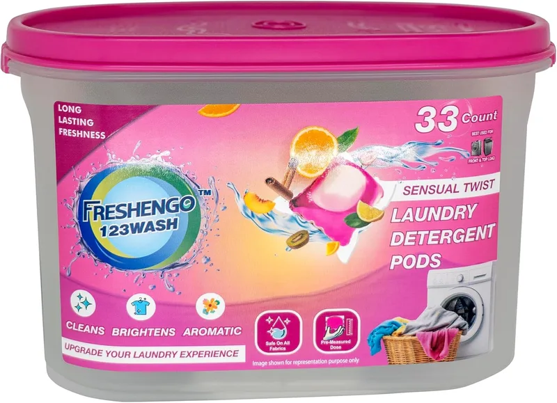 FRESHENGO 123Wash Sensual Twist 3 Benefits in 1 Chamber Laundry Pods 33 Units of Dissolvable Detergent Capsules with Enzymatic Wash for Stain Removal, Fabric Care with Essential oils fragrance