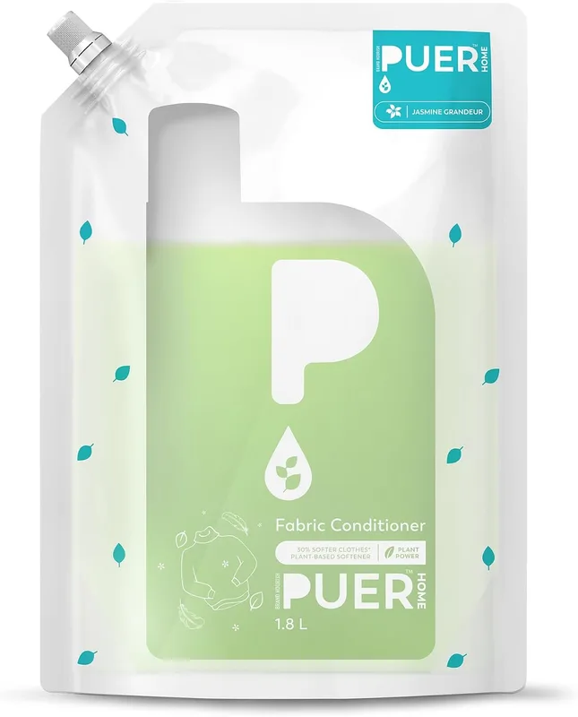 PUER Fabric Conditioner Jasmine Grandeur 1800ml Refill Pouch for Front & Top Load Washing Machine | Plant Based & Eco Friendly | Lint Free Softness with Long Lasting Fragrance