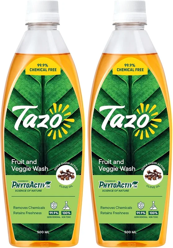 Tazo Fruit & Vegetable Wash Liquid (500ML, Pack of 2), Biodegradable, Natural & Plant Powered, Removes Dirt, Germs, Pesticides & Waxes, Free From Chlorine, Alcohol & Leaves No Aftertaste