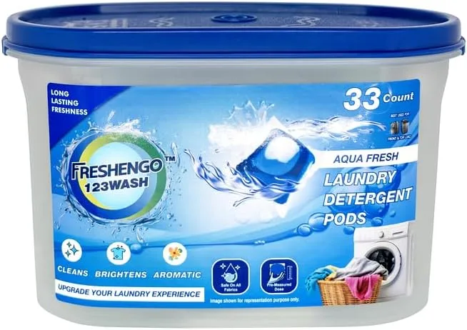 FRESHENGO 123Wash Aqua 3 Benefits in 1 Chamber Laundry Pods 33 Units of Dissolvable Detergent Capsules with Enzymatic Wash for Stain Removal, Fabric Care with Essential oils Fragrance