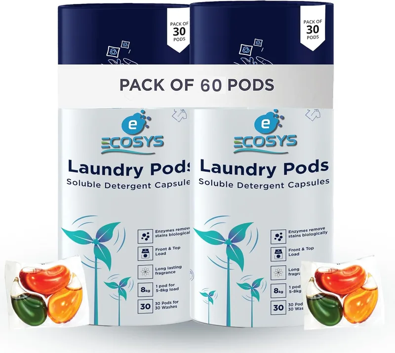 Ecosys 3-in-1 Dissolvable Magic Laundry Pods for 60 washes: Bio Enzymes Infused, Tough Stain Removal with Floral Aroma,1 Pod = 1 Wash for 5-7kg (Pack of 60)