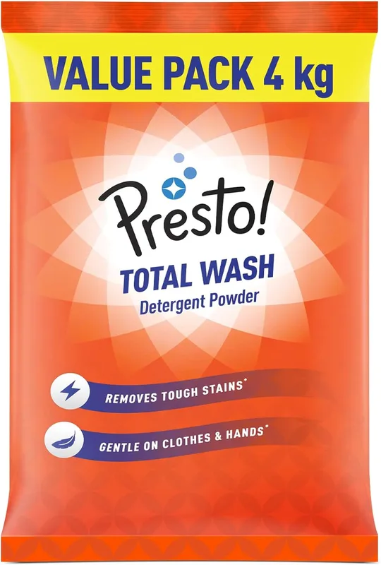 Amazon Brand - Presto! Total Wash Detergent Powder | 4 Kg | Machine And Hand Wash | Removes Tough Stains | Safe And Gentle On Fabrics & Hands | Bleach-Free