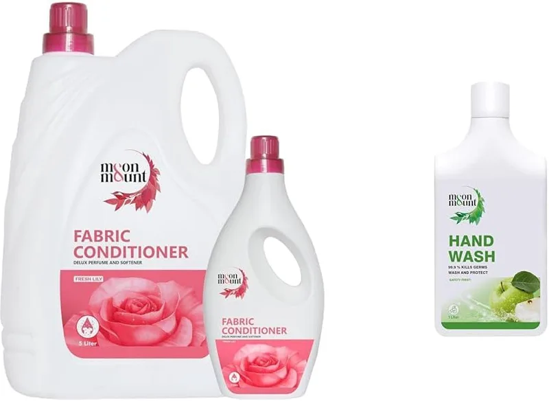 Moon & Mount Fresh Lily Fabric Conditioner 6L – Softens Clothes, Long-Lasting Freshness, Hand & Ma | Moon & Mount Green Apple Hand Wash Liquid 1L - Germ Protection, Moisture Boost for All Skin Types