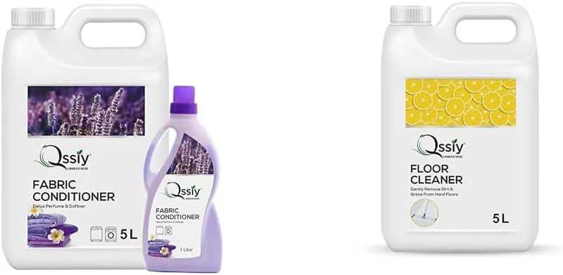QSSIY 6L Fabric Conditioner | Lavender | Softens Clothes & Towels | Hand & Machine Wash | India | QSSIY Floor Cleaner 5L Lemon | Concentrated for Home Tiles, Marble, Wood | Streak-Free, Hand-Safe,