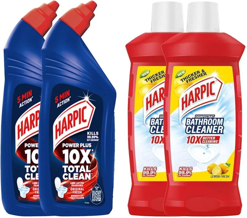 Harpic Bathroom Cleaner Lemon, 1 L (Pack of 2) and Harpic Original Powerplus - 1 L (Pack of 2)