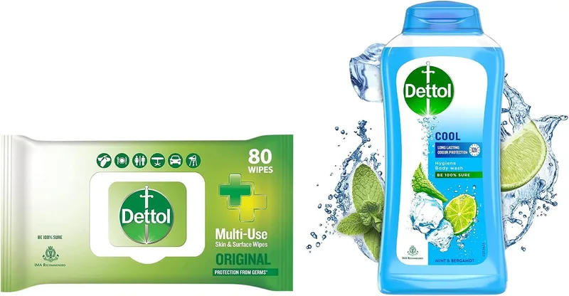 Dettol Disinfectant Sanitizer Wet Wipes for Skin & Surfaces & Body Wash and Shower Gel for Women and Men, Cool - 250ml