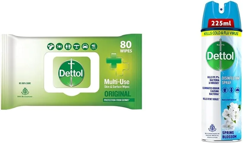 Dettol Disinfectant Skin & Surface Sanitizing Wipes, Original – 80 Count| Safe on Skin| & Dettol Disinfectant Sanitizer Spray for Germ Protection