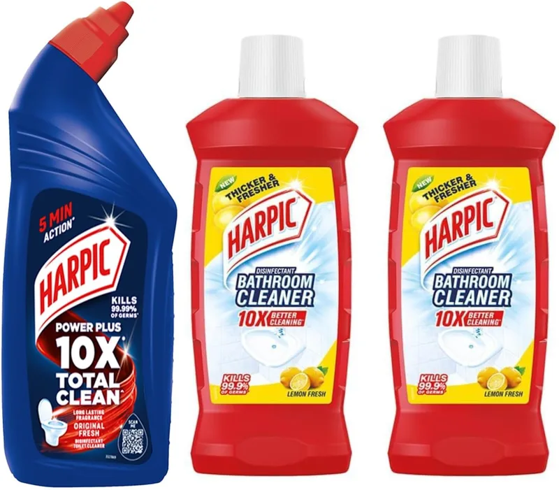 Harpic Bathroom Cleaner Lemon, 1 L (Pack of 2) and Harpic Powerplus Toilet Cleaner Original, 1 L