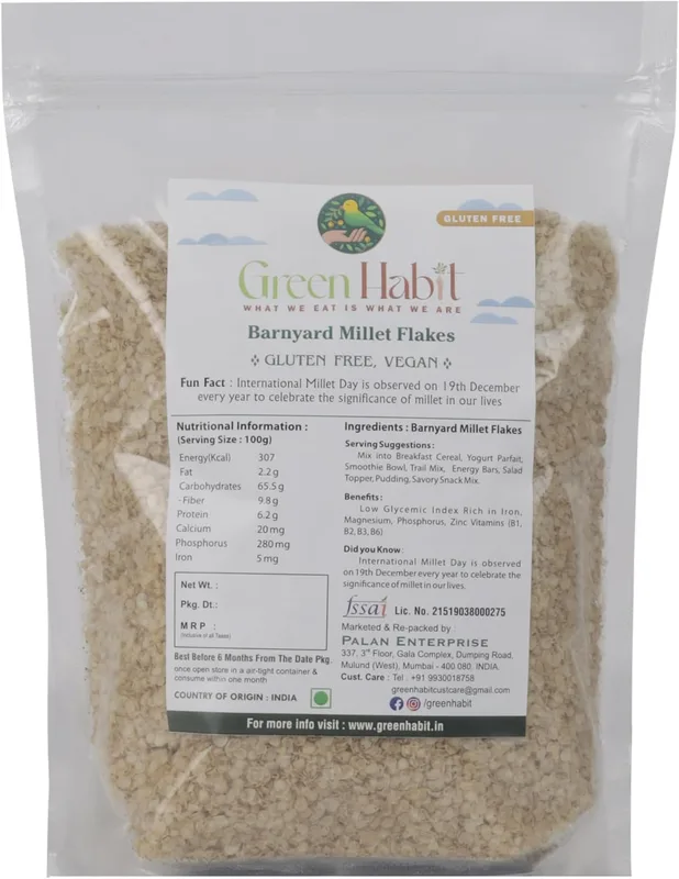 GreenHabit Barnyard Millet Flakes 500gm - Nutritious and Gluten-Free Millets Cereals a.k.a sanwa Poha- High Fiber Breakfast - (Barnyard millet flakes, 500 gm)