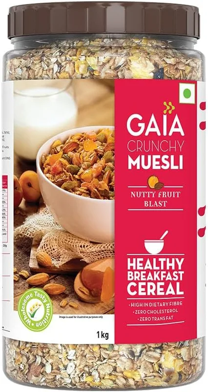 GAIA Nutty Fruit Blast Crunchy Muesli 1 kg jar - Blend of Multigrains, Nuts, Oats and Cornflakes The Ultimate Healthy and Delicious Breakfast Cereals.