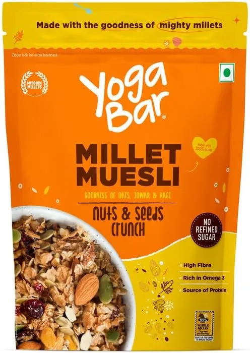 Yogabar Millet Muesli Nuts & Seeds Crunch 500g | No Refined Sugar | High Fibre | Rich in Omega-3 | Protein Source | Breakfast Cereal with Oats, Jowar & Ragi | Veg