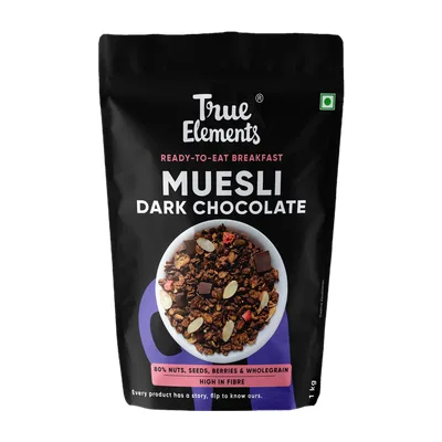 True Elements Dark Chocolate Muesli - Wholegrain Breakfast Cereal, Ready to Eat Healthy Snack Pouch