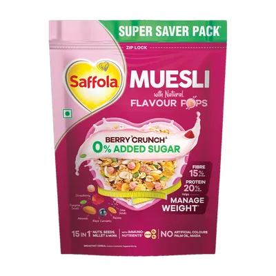 Saffola by Marico Muesli 0% Added Sugar Berry Crunch | High Protein | Muesli with Flavour Pops Pouch