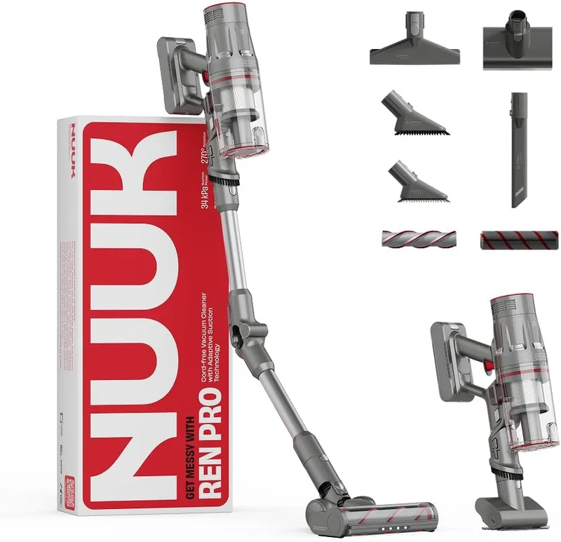 NUUK REN PRO Stick Cordless Vacuum Cleaner | 2X More Suction, 34kPa | Adaptive Suction Tech, Upto 60min Runtime | 180˚ Bending Flexistick™ | 8 Attachments for Home Use | Multi-Cyclone HEPA Filtration