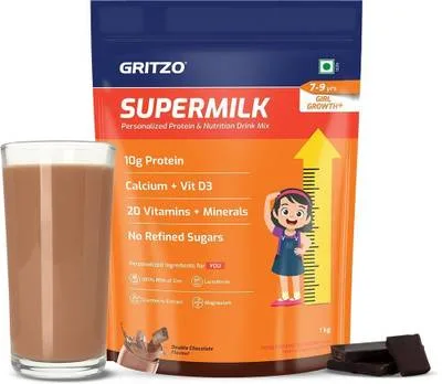 Gritzo SuperMilk Growth+ (7-9y Girls), 10g Protein Powder, Double Chocolate