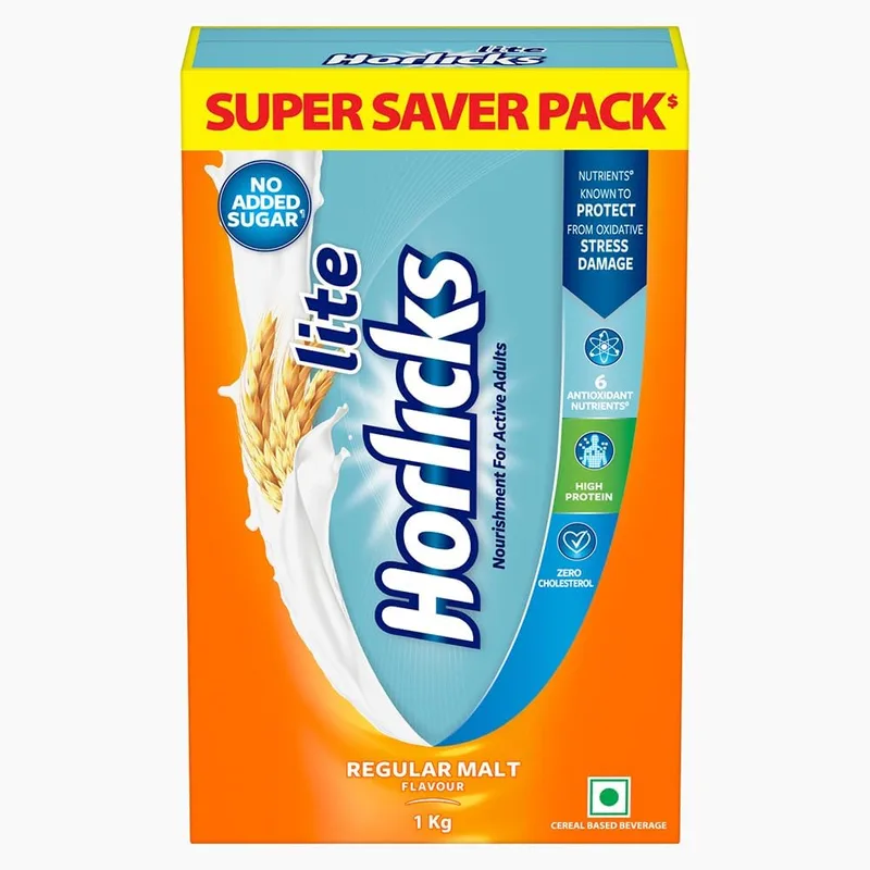 Horlicks Lite 1kg, Energy for Active Adults | High Protein, No Added Sugar, 24 Vital Nutrients | Malt Flavor