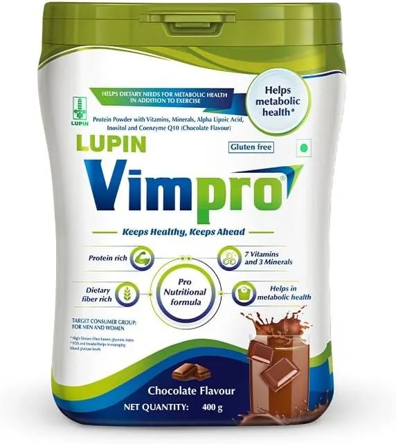 Lupin Vimpro Nutritional Chocolate Protein Powder, Supports Muscle Strength & Growth, Helps in Heart and Brain Health, Helps in Recovery, No Gluten, Protein Supplement with CoQ10, ALA, Inositol & FOS, With Vitamin Minerals & Protein, 400g