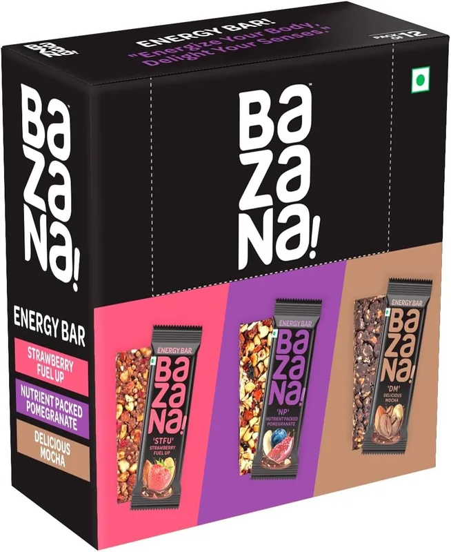 Bazana Energy Bars Pack of 12 | Natural Strawberry, Pomegranate & Mocha | 100% Natural, Protein & Fiber Rich Snack| 38g x 12 Pieces