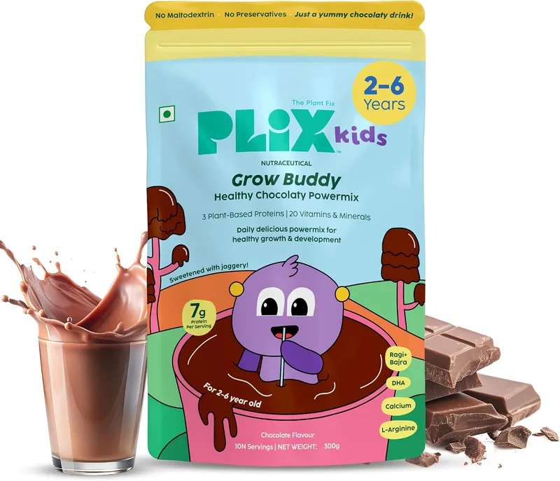 PLIX™ Kids GrowBuddy Chocolaty Powermix | 7g Protein | 20 Vitamins & Minerals | Ragi & Bajra | Supports Overall Health & Development | Healthier Growth & Stronger Bones | Best Protein Powder for Kids | Chocolate Flavour | 2+ Years (Pack of 1)