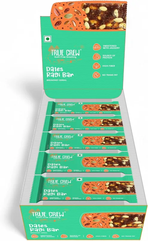 True Crew Dates Ragi Bar, High Fibre Cereal, Jaggery Sweetened, No Trans Fat | No Artificial Sweeteners | No Gluten or Soy | All Natural Ingredients |Pack of 10