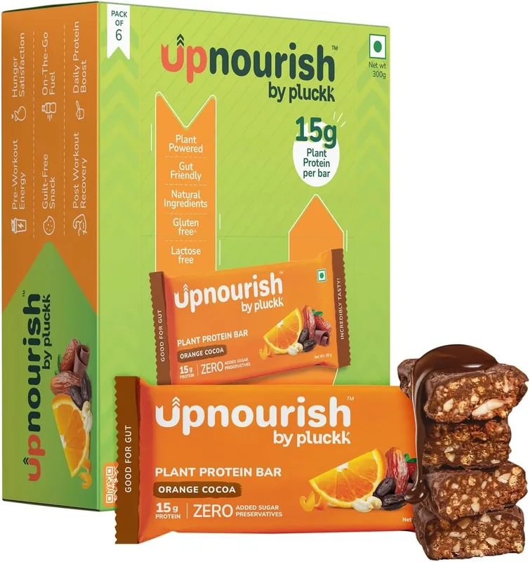 Upnourish by Pluckk Plant Protein Bar - Pack of 6 (50g Each) | 15g Protein , 2g Fiber | No Added Sugar & Preservatives | Protein Bar without sugar | Lactose & Gluten Free | Rice & Pea Protein | Orange Cocoa Flavored - 300g