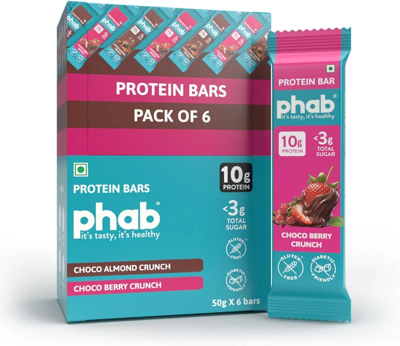 Phab 10G Choco Berry Crunch Protein Bars|(Pack Of 6 X 50 Gram)|12% Berries (Cranberry & Strawberry) |Crunchy, High Fibre, No Preservatives