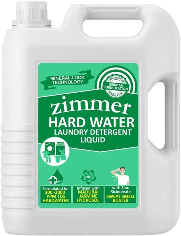 Zimmer Hard Water Detergent Liquid- 5L with Mineral Lock Technology | Infused with Madurai Jasmine Hydrosol & Zinc Ricinoleate | Best for Front & Top Load Machines