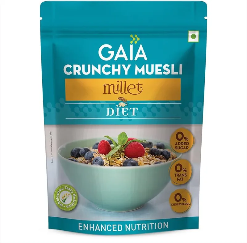 Gaia Crunchy Millet Muesli | High on Proteins | Low on Cholesterol | No Trans-Fat | Sugar Free | No Preservatives | Abundance of Antioxidants Diet 375Gm