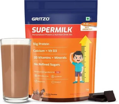 Gritzo SuperMilk Growth+ (7-12y Boys), 10g Protein Powder, Double Chocolate