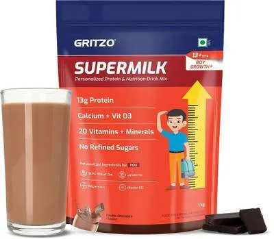 Gritzo SuperMilk Growth+ (13+y Boys), 13g Protein Powder, Double Chocolate